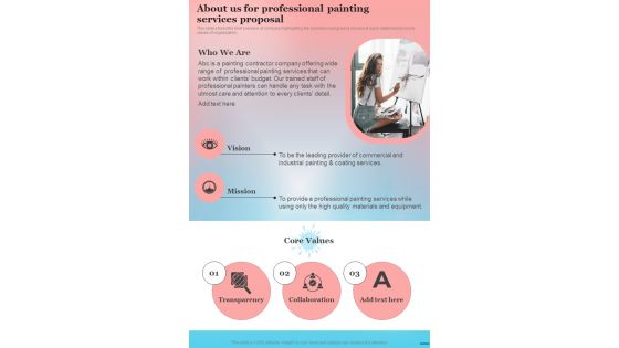 About Us For Professional Painting Services Proposal One Pager Sample Example Document