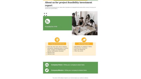 About Us For Project Feasibility Investment Report One Pager Sample Example Document