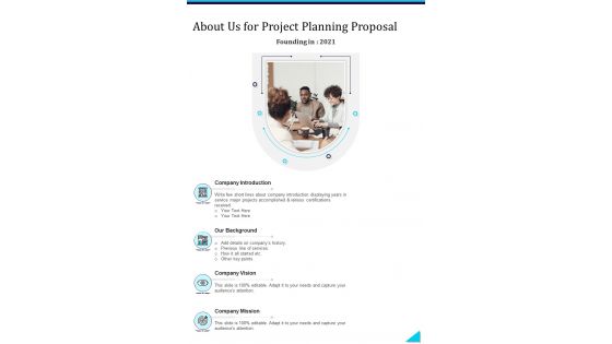 About Us For Project Planning Proposal One Pager Sample Example Document