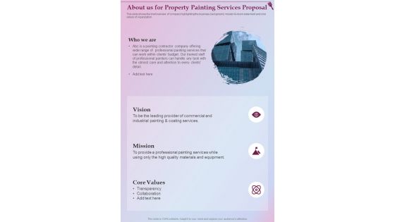 About Us For Property Painting Services Proposal One Pager Sample Example Document