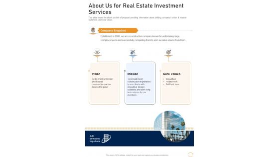 About Us For Real Estate Investment Services One Pager Sample Example Document