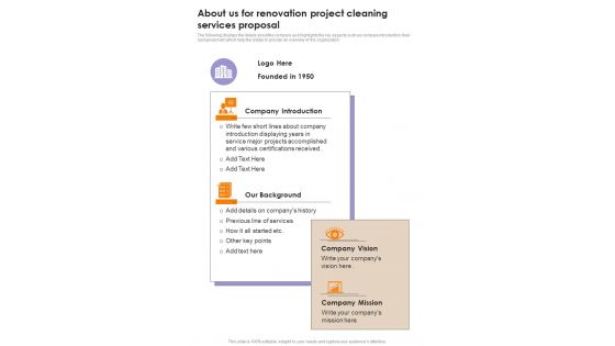 About Us For Renovation Project Cleaning Services Proposal One Pager Sample Example Document