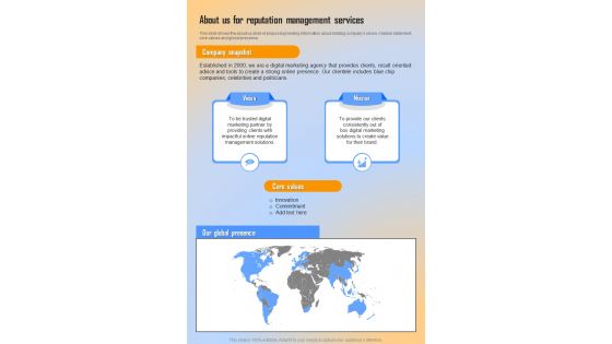 About Us For Reputation Management Proposal One Pager Sample Example Document
