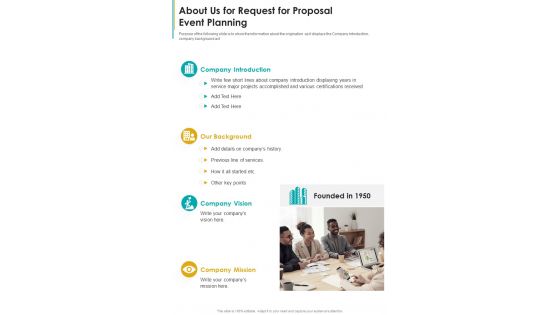 About Us For Request For Proposal Event Planning One Pager Sample Example Document
