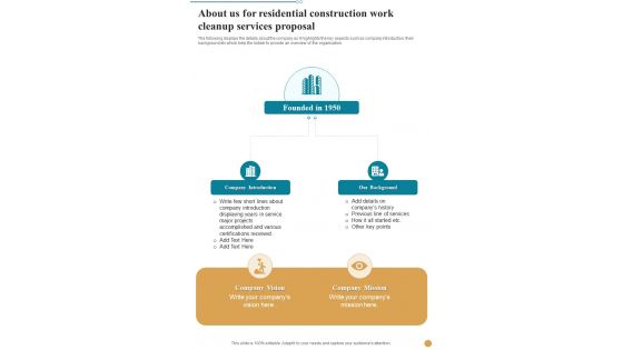 About Us For Residential Construction Work Cleanup Services Proposal One Pager Sample Example Document
