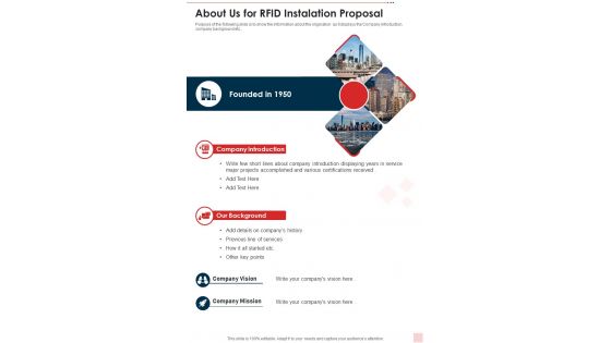 About Us For Rfid Instalation Proposal One Pager Sample Example Document