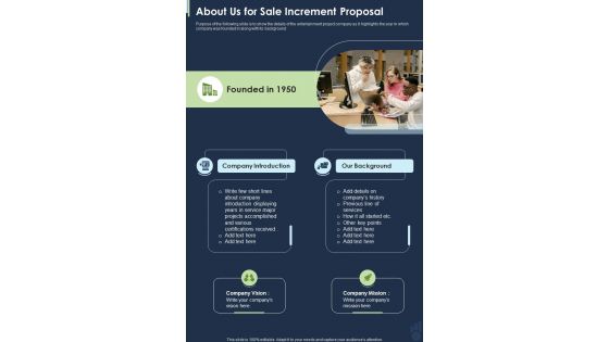 About Us For Sale Increment Proposal One Pager Sample Example Document