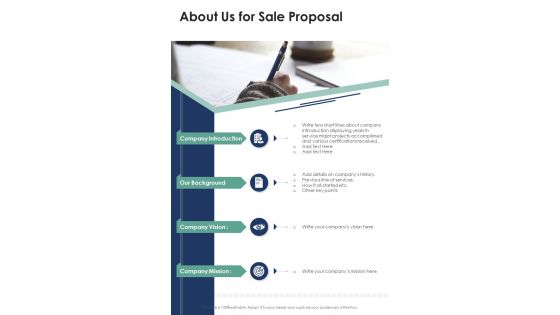 About Us For Sale Proposal One Pager Sample Example Document