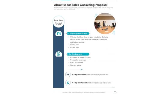 About Us For Sales Consulting Proposal One Pager Sample Example Document