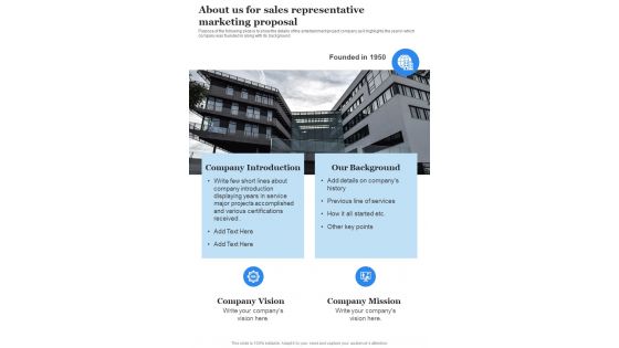 About Us For Sales Representative Marketing Proposal One Pager Sample Example Document