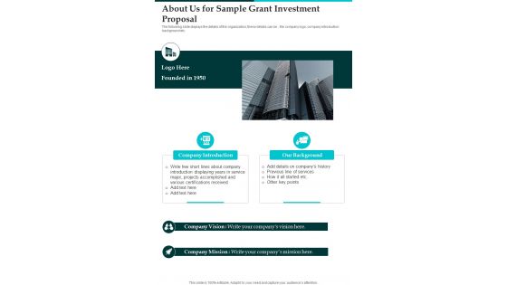 About Us For Sample Grant Investment Proposal One Pager Sample Example Document