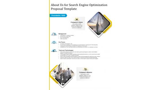 About Us For Search Engine Optimization Proposal Template One Pager Sample Example Document