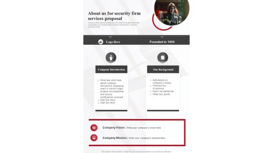 About Us For Security Firm Services Proposal One Pager Sample Example Document