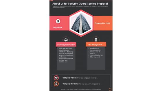 About Us For Security Guard Service Proposal One Pager Sample Example Document