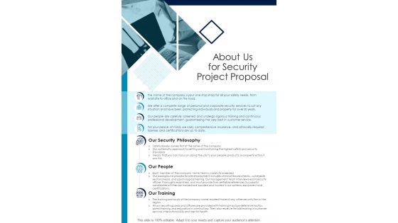 About Us For Security Project Proposal One Pager Sample Example Document
