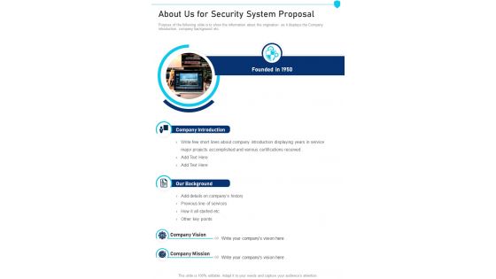 About Us For Security System Proposal One Pager Sample Example Document