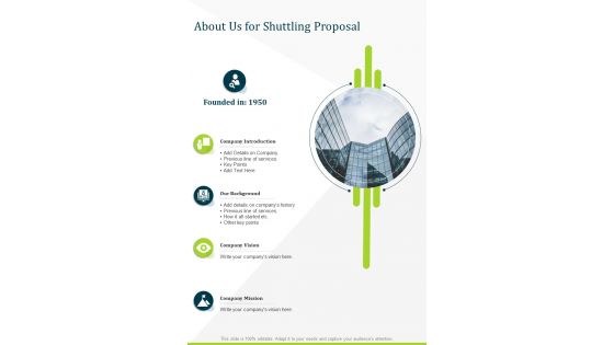 About Us For Shuttling Proposal One Pager Sample Example Document