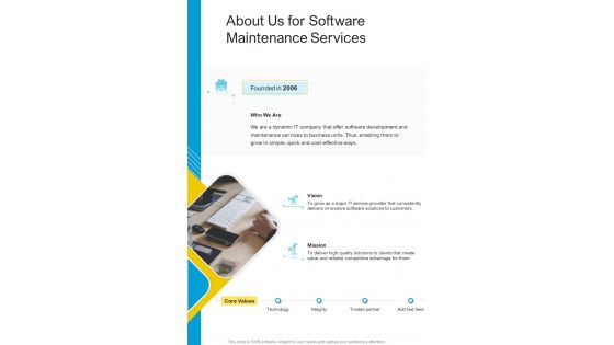 About Us For Software Maintenance Services One Pager Sample Example Document