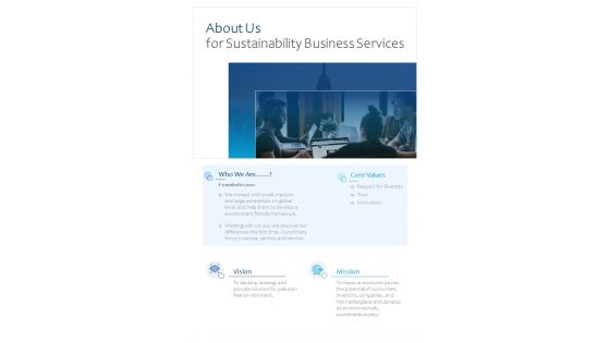 About Us For Sustainability Business Services One Pager Sample Example Document