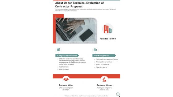 About Us For Technical Evaluation Of Contractor Proposal One Pager Sample Example Document
