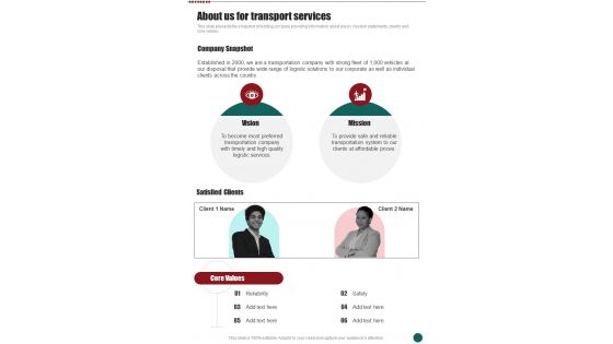 About Us For Transport Services Business Proposal For Transport One Pager Sample Example Document
