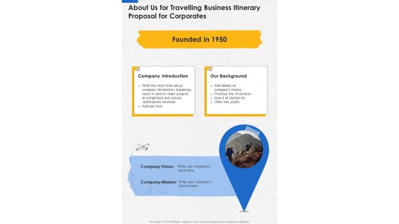 About Us For Travelling Business Itinerary Proposal For Corporates One Pager Sample Example Document
