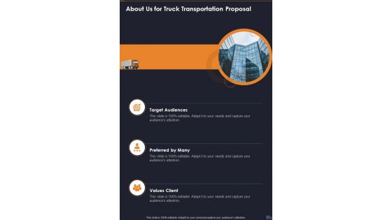 About Us For Truck Transportation Proposal One Pager Sample Example Document