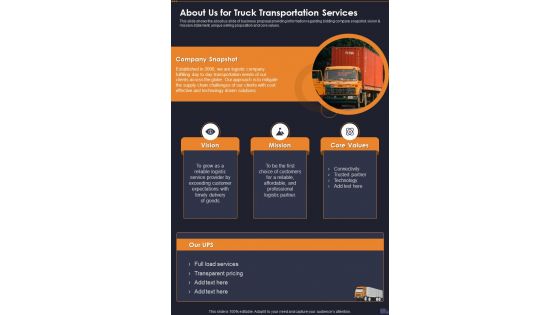 About Us For Truck Transportation Services One Pager Sample Example Document