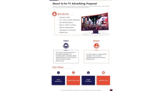 About Us For TV Advertising Proposal One Pager Sample Example Document