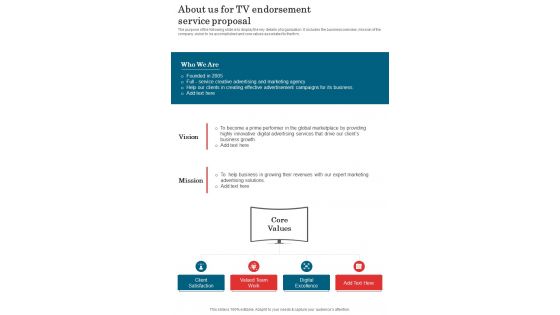 About Us For Tv Endorsement Service Proposal One Pager Sample Example Document
