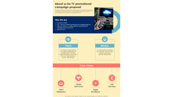 About Us For TV Promotional Campaign Proposal One Pager Sample Example Document