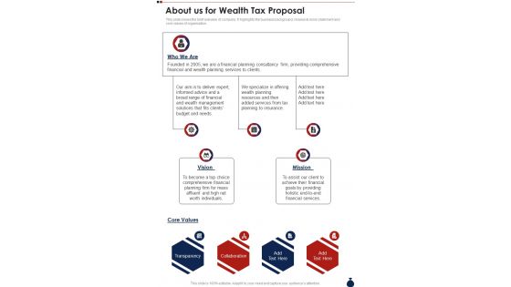 About Us For Wealth Tax Proposal One Pager Sample Example Document