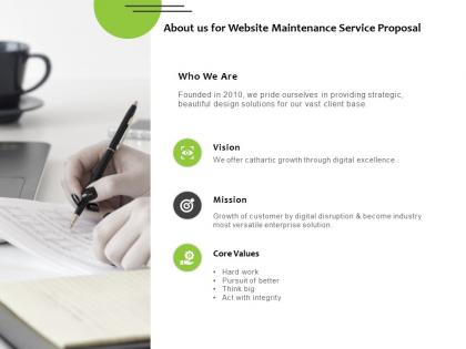 About us for website maintenance service proposal ppt powerpoint slides