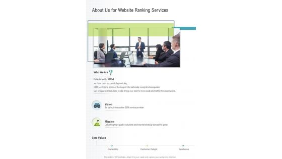 About Us For Website Ranking Services One Pager Sample Example Document
