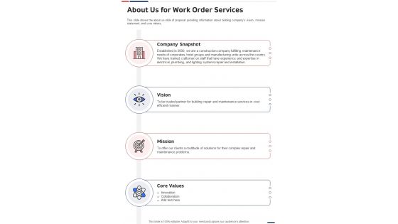 About Us For Work Order Services One Pager Sample Example Document