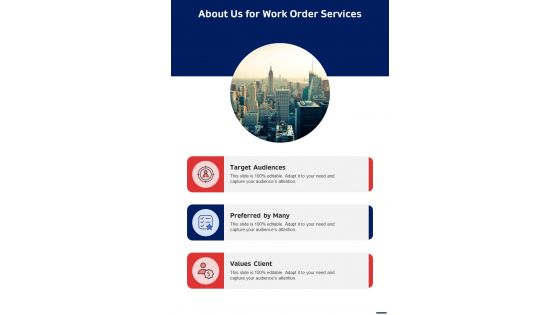 About Us For Work Order Services Slide One Pager Sample Example Document