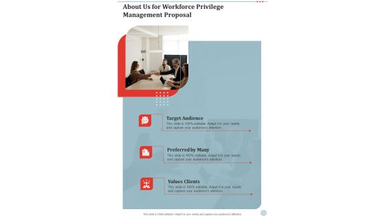 About Us For Workforce Privilege Management Proposal One Pager Sample Example Document