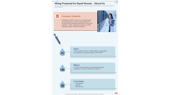 About Us Hiring Proposal For Expat Nurses One Pager Sample Example Document