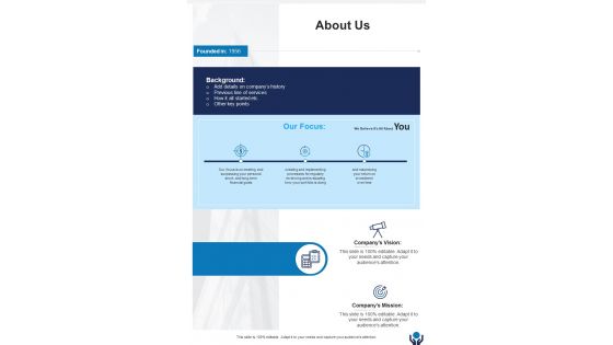 About Us Investment Advice Proposal One Pager Sample Example Document