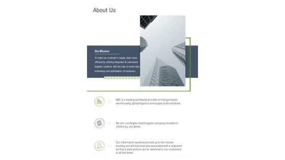 About Us Logistics Service Proposal Template One Pager Sample Example Document
