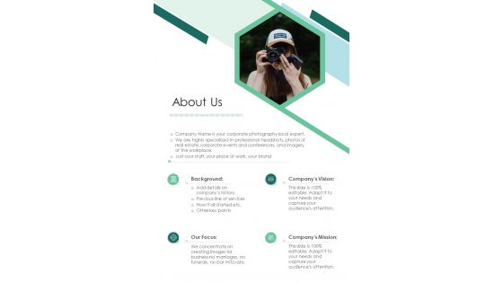 About Us Photography Project Proposal One Pager Sample Example Document