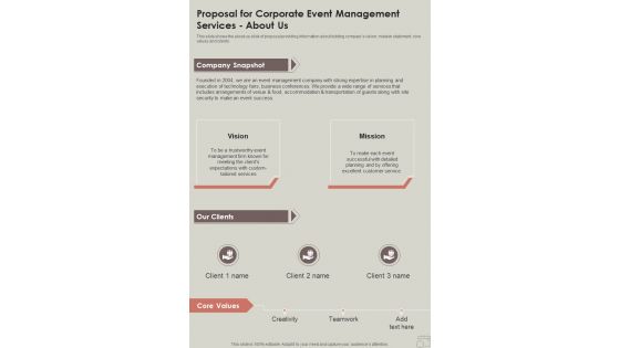 About Us Proposal For Corporate Event Management Services One Pager Sample Example Document