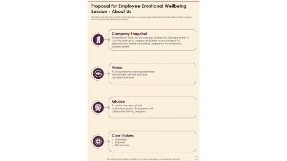 About Us Proposal For Employee Emotional Wellbeing Session One Pager Sample Example Document