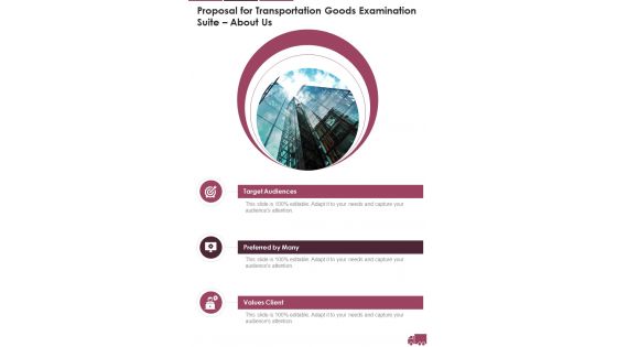 About Us Proposal For Transportation Goods Examination Suite One Pager Sample Example Document