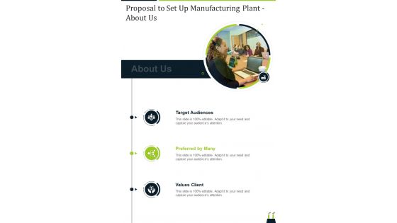 About Us Proposal To Set Up Manufacturing Plant One Pager Sample Example Document