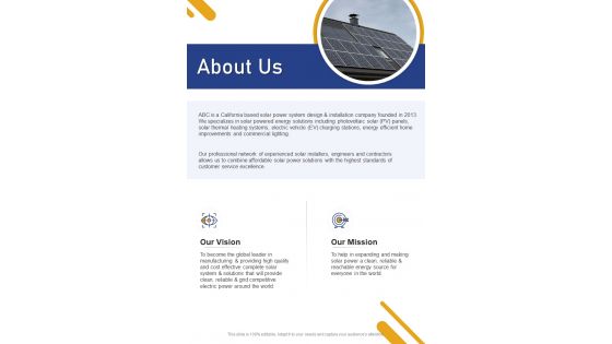 About Us Solar Panel Installation Proposal One Pager Sample Example Document