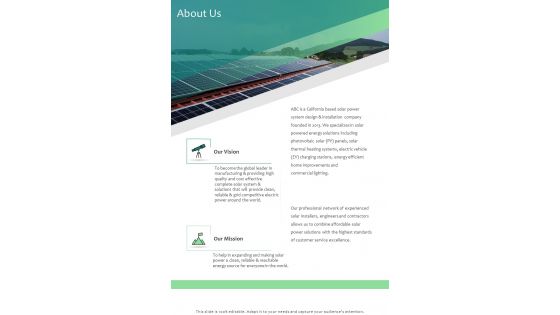 About Us Solar Rooftop Project Proposal One Pager Sample Example Document