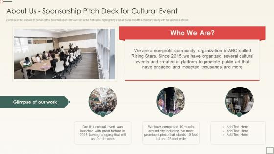 About Us Sponsorship Pitch Deck For Cultural Event Ppt Ideas