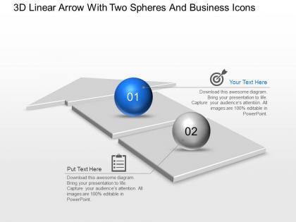 Ac 3d linear arrow with two spheres and business icons powerpoint template slide