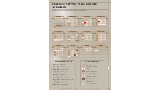 Academic Activities Yearly Calendar For Students One Pager Sample Example Document